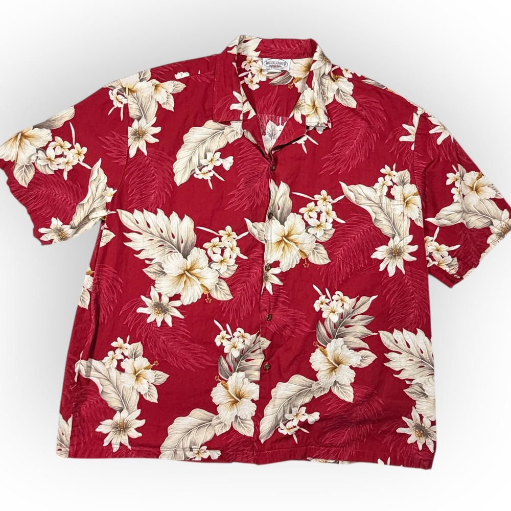Vtg Pacific Legend Mens Red‎ Hawaiian Floral Button Up Shirt Made in Hawaii XL